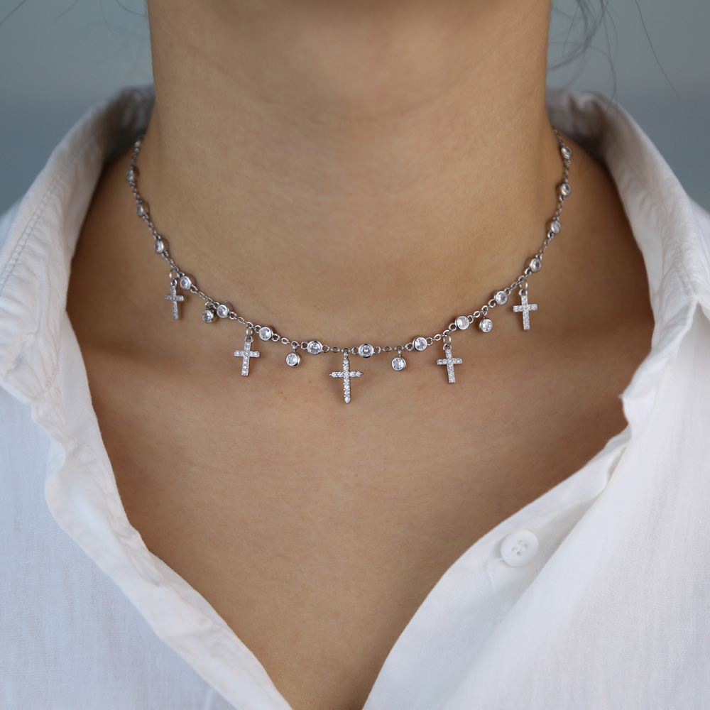 Classic fashion women necklace jewelry 5A cubic zirconia cz station chain cross charm choker necklaces