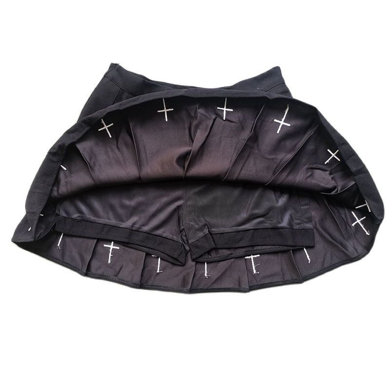 High Waist Mini Black Skirts Gothic Streetwear Cross Print Pleated Women Casual College Lolita Harajuku Skirt 220317