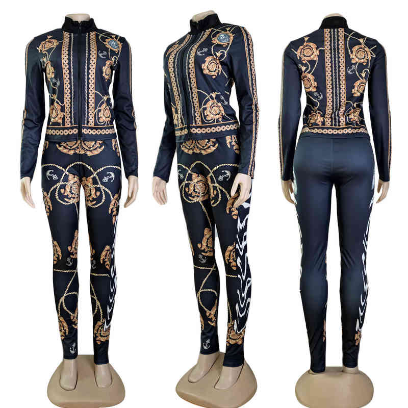 J2720 Women sports tracksuits Luxury Fashion Temperament Commuter Casual Printed Zipper Top Trousers Two-piece Set