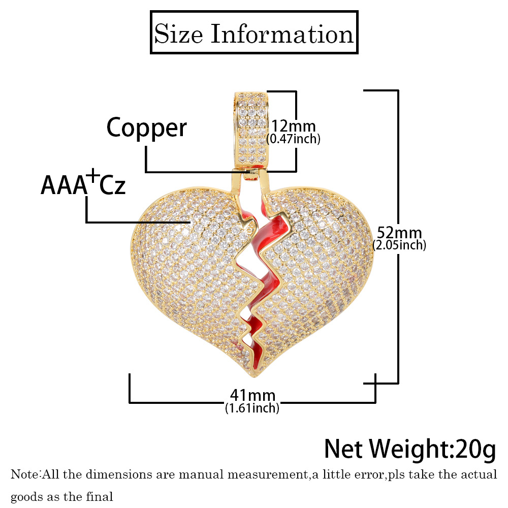 Hip Hop Solid Broken Heart Iced Out Pendant Necklace Charm For Men Women Gold Color Cubic Zircon Jewelry