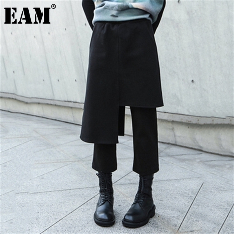 EAM High Elastic Waist Black Irregular Long Wide Leg Trousers Loose Fit Pants Women Fashion Spring Autumn 1DA991 201228