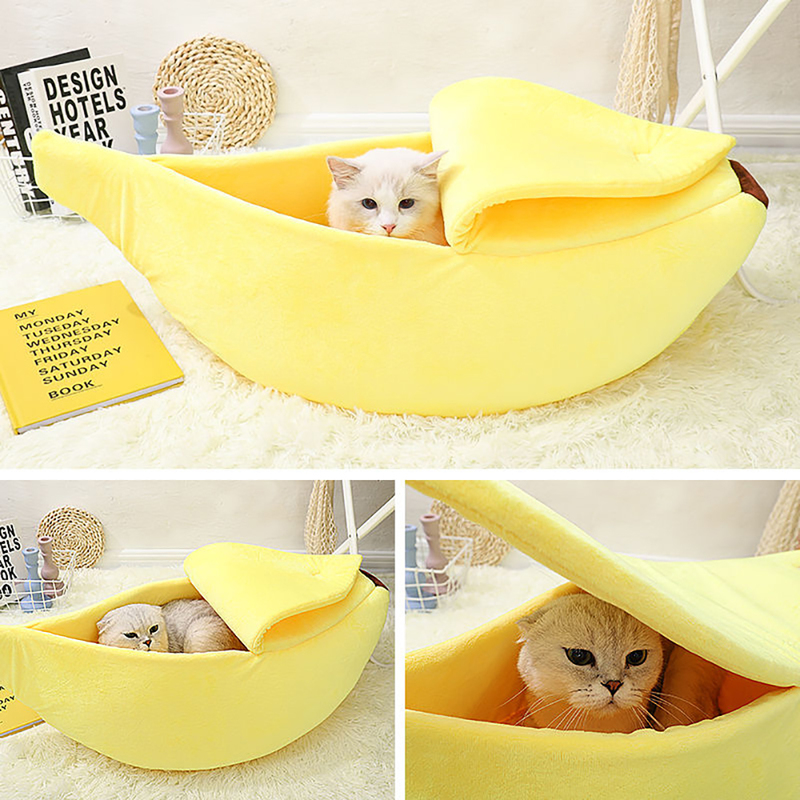 Cute Banana Cat Bed House Super Soft Pet Kennel Dog Warm Sleeping Basket Kitten Comfort Cushion For Cats Portable Cozy Cave 220323