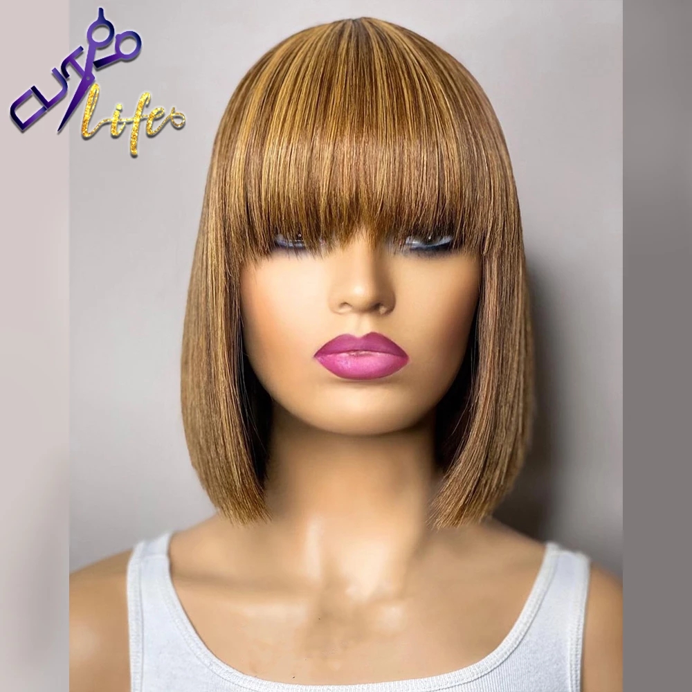 Free shipping 180density Highlight Blonde Ombre Straight Short Bob Wig Human Hair No Lace Wigs With Bangs For Black Women