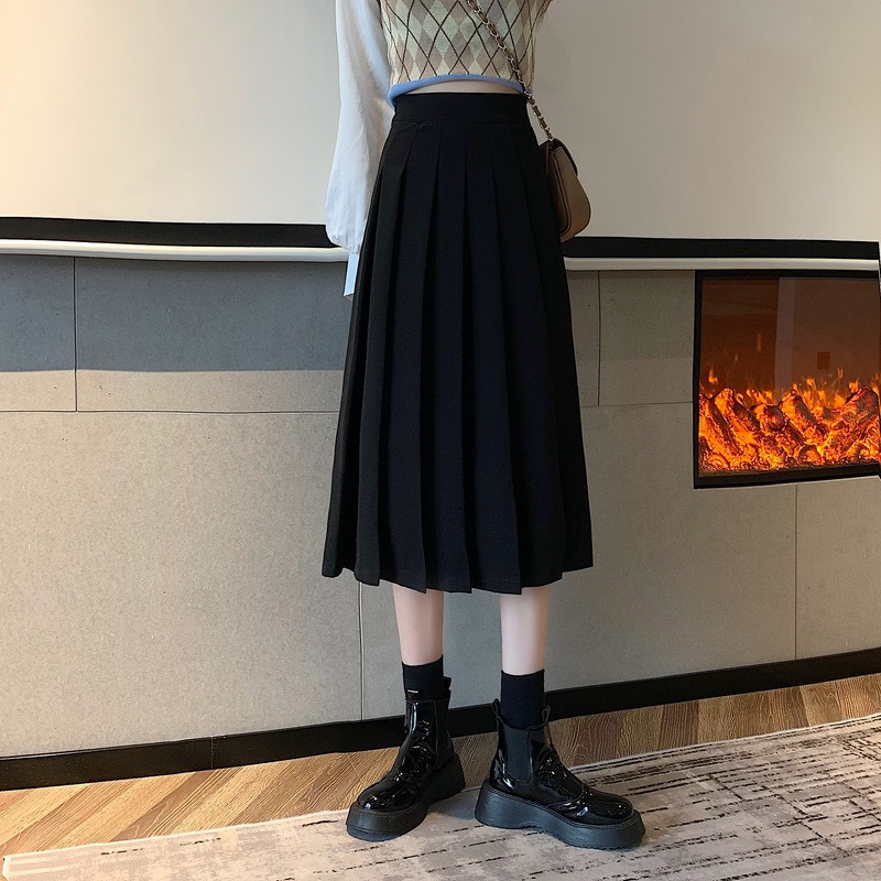 Black Pleated Skirt Half-length Female Autumn Style Korean High Waist Woman s 220322
