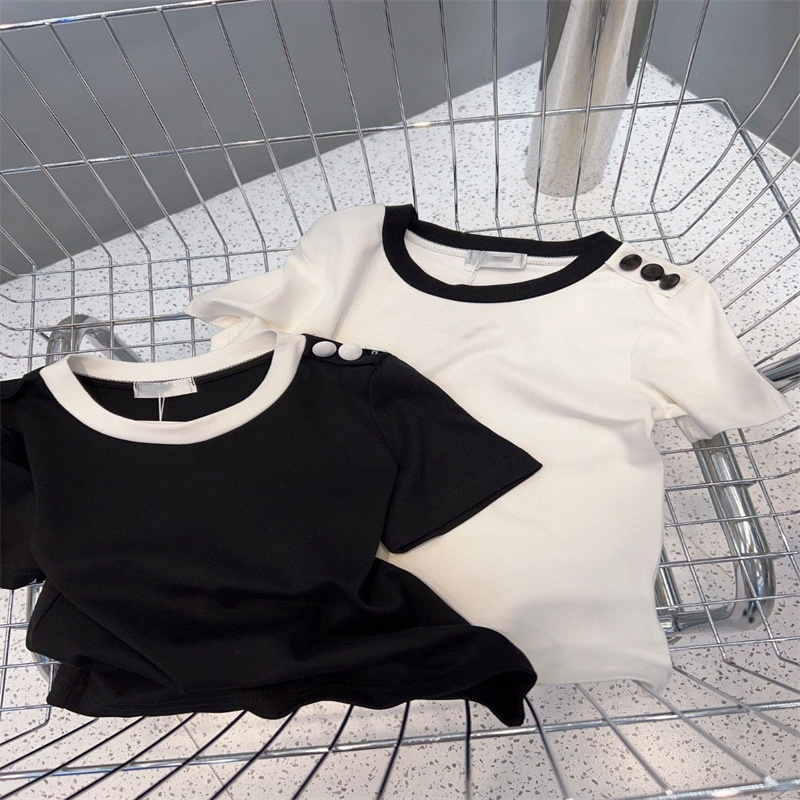 Women's T-Shirt Short Sleeve BlouseTop Casual Match Letter Slim Girl Black White Button Logo Shirts Fashion 22SS High Quality Cotton
