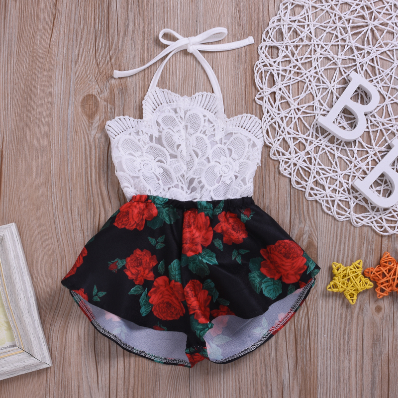 born Baby Girl Clothes Sleeveless Lace Flower Print Strap Romper Jumpsuit OnePiece Outfit Summer Clothes 220707
