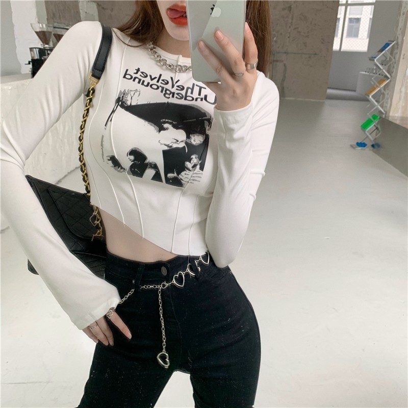 Yedinas Casual Slim T-shirt For Women O Neck Long Sleeve Sexy Crop Top Grunge Letters Print Female Korean Fashion Clothing 220328