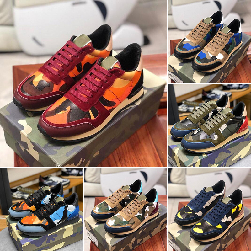Top Quality Camouflage Sneaker casual shoes Womens Mens Rivet Shoes Studded Leather Flats Mesh Camo Suede Trainers rockrunner chaussures size 36-45