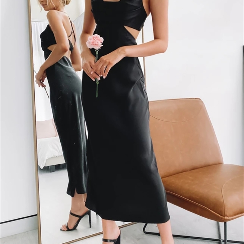 OOTN Sexy Summer Strap Women Long Dress Backless Satin Party Dresses Draped Collar Black Elegant A Line Sleeveless Sundress 220511
