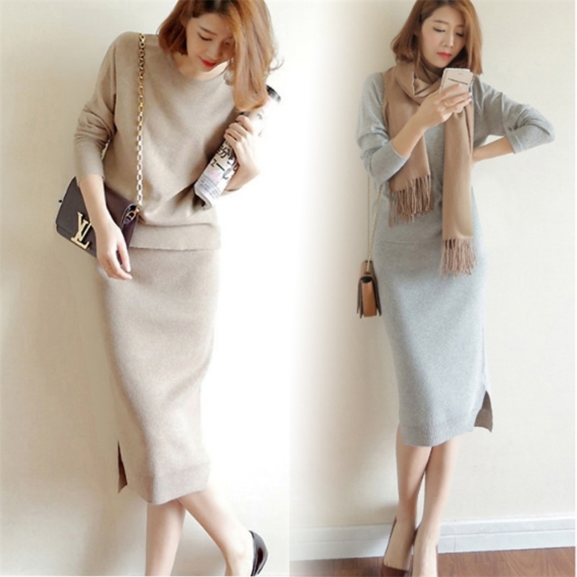 autumn winter New Women Cashmere sweaters and Knitting Package Hip Skirts two Piece Sets Female Dresses knitted Suit 201008
