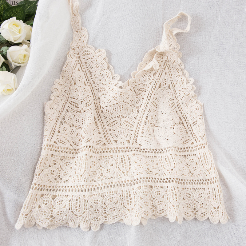 Summer Sweet Short Style Lace Vest crop top Women Hollow Out Fashion Camis Vacation Beach Knitted LooseTop Womens Sexy Tank Tops 220316