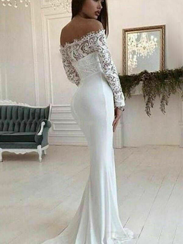Sexy Sheer Bateau Neck Mermaid Wedding Dresses Off The Shoulder Long Sleeves Bridal Gowns Simple Lace Satin Beach Bride Dress Ivory Country Robe De Ma