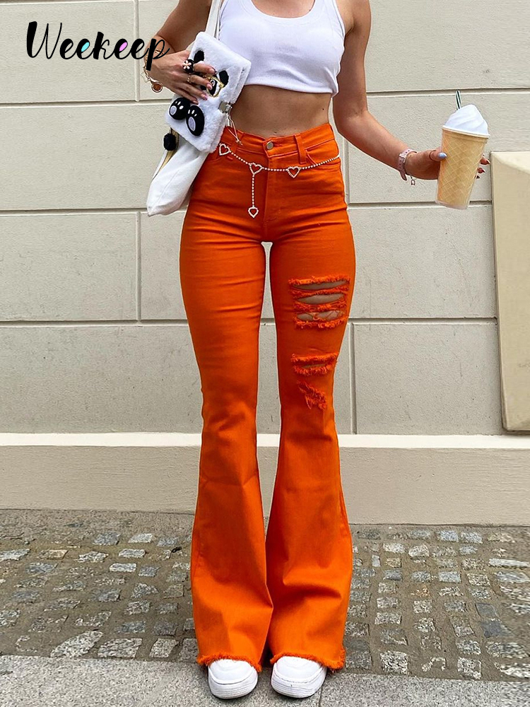 

Weekeep Streetwear Women Elastic Jeans High Waist Ripped Casual Flare Denim Pants Summer Harajuku Hollow Out Korean 90s Trousers 220813, Auburn