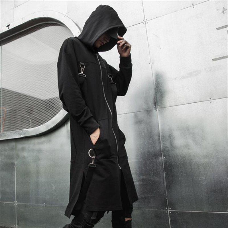 Men's Trench Coats Spring autumn men ribbons patchwork punk hip hop long trench coat hooded cloak men black zipper techwear long jacket overcoat 