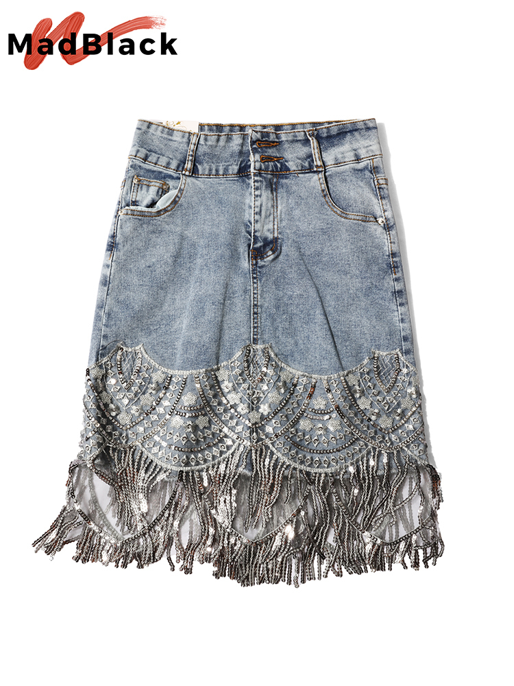 Summer Korean Sexy Women Denim Mini Skirts High Waist Blue Package Hip Jeans Fashion Beading Tassel SKirt B05601 220317