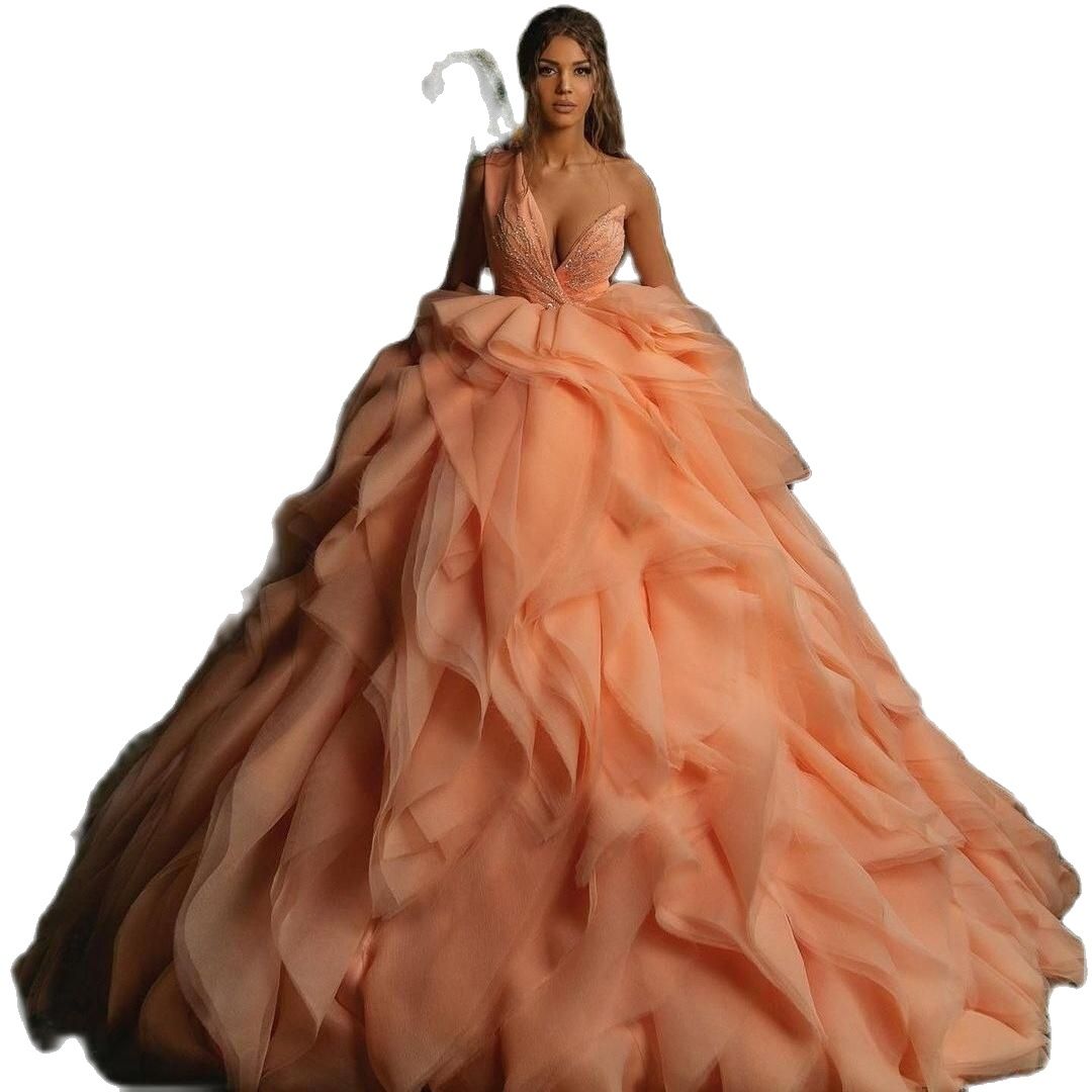 Bright Orange Evening Dress Plus Size Lace Chiffon Sleeveless Floor Length One Shoulder Sequins Ruffles High Waist Clubbing Gowns Custom Made Party Dr