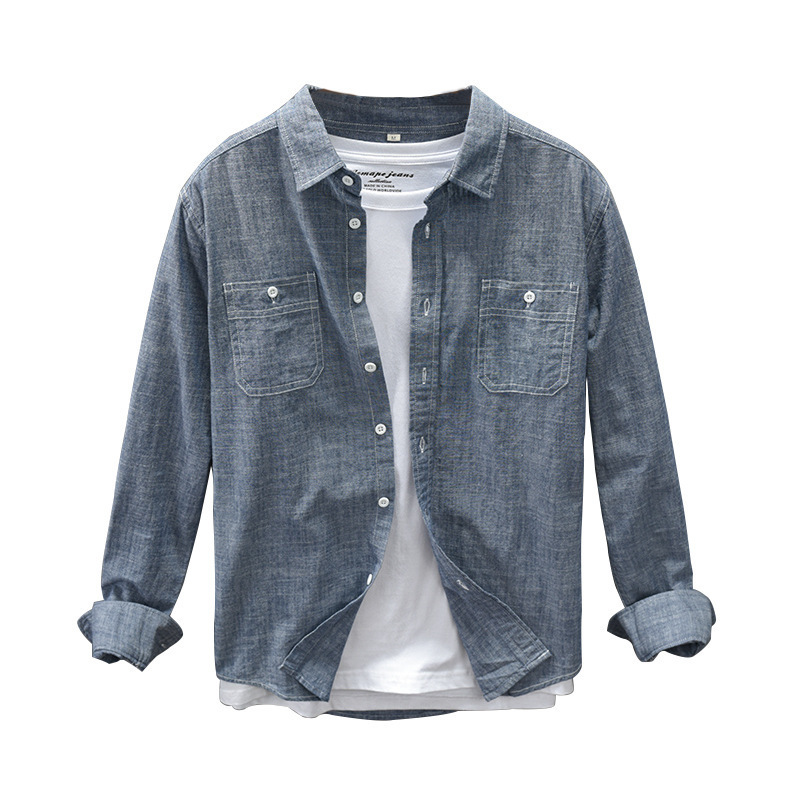 Autumn Work Style Men's Casual Cotton Long Sleeve Shirt Single-breasted Multi-pocket Retro Denim Blue Workwear GML04-C321 220322
