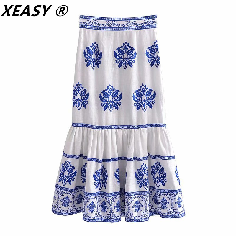 XEASY Women Blue Embroidery Linen Skirt High Waist Side Zip Vintage Summer Midi Skirts Fashion Ruffle Hem Female 220322