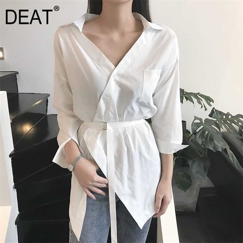 DEAT Women Black Asymmetrical Belt Shirt Arrivals V-neck Long Sleeve Fashion Temperament Spring Summer 11D943 210709
DEAT Women Black Asymmetrical Belt Shirt Arrivals V-neck Long Sleeve Fashion Temperament Spring Summer 11D943 210709