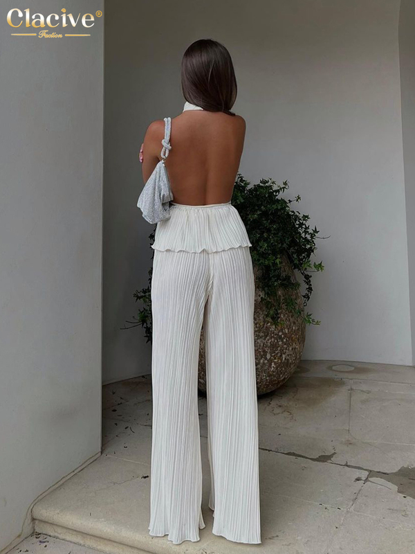 Clacive Sexy Backless Tank Top Set Woman 2 Piece Summer White Pleated Trouser Suits Female Elegant High Waist Wide Pants 220602
