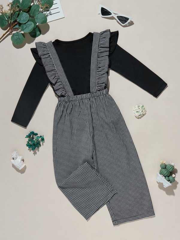 Toddler Girls Ruffle Trim Top & Houndstooth Print Pinafore Jumpsuit SHE