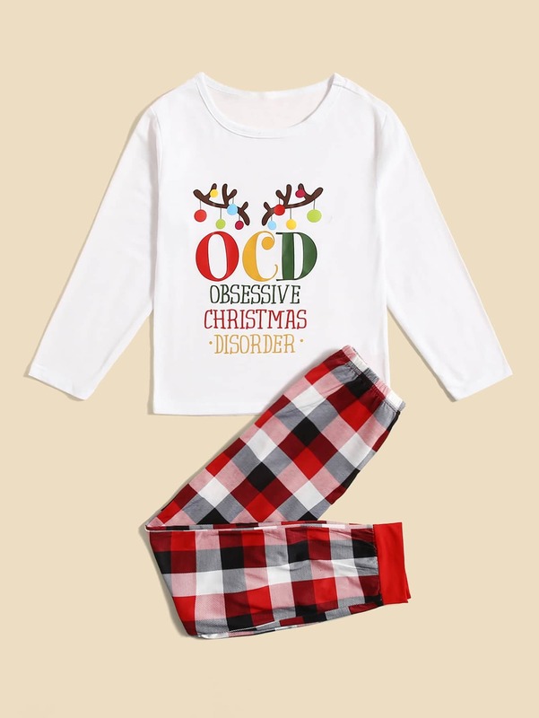 Toddler Boys 1pc Christmas Slogan Graphic Tee & 1pc Plaid Pants SHE