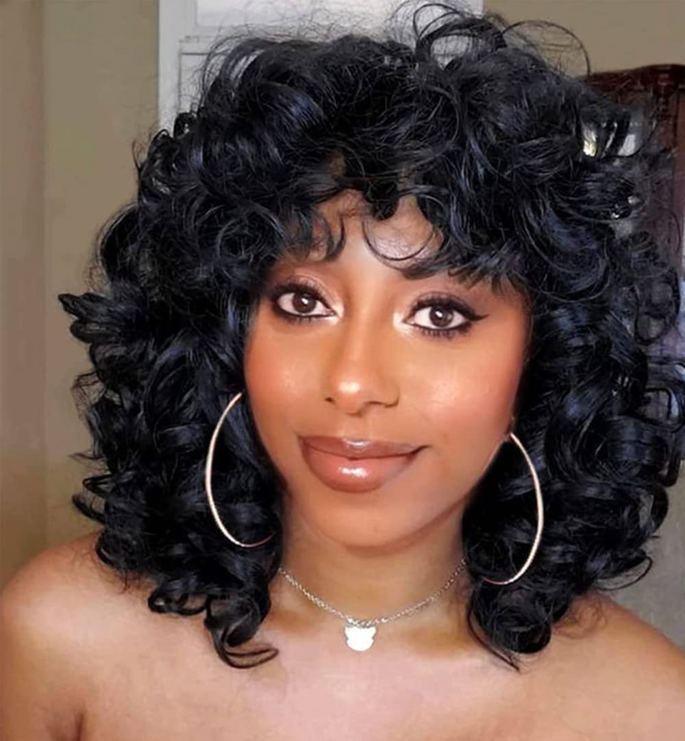 Beautiful Short Curly Synthteic Hair Wigs with Bangs for Black Women Afro Curly wig Brown Ombre Color Wave wig