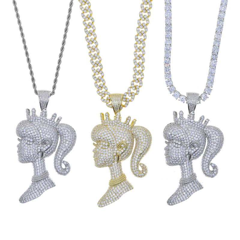 Icy Bg King Cubic Zirconia Iced Out Pendant Necklace in Gold, Sier for Women, Hip Hop Jewelry 8f25