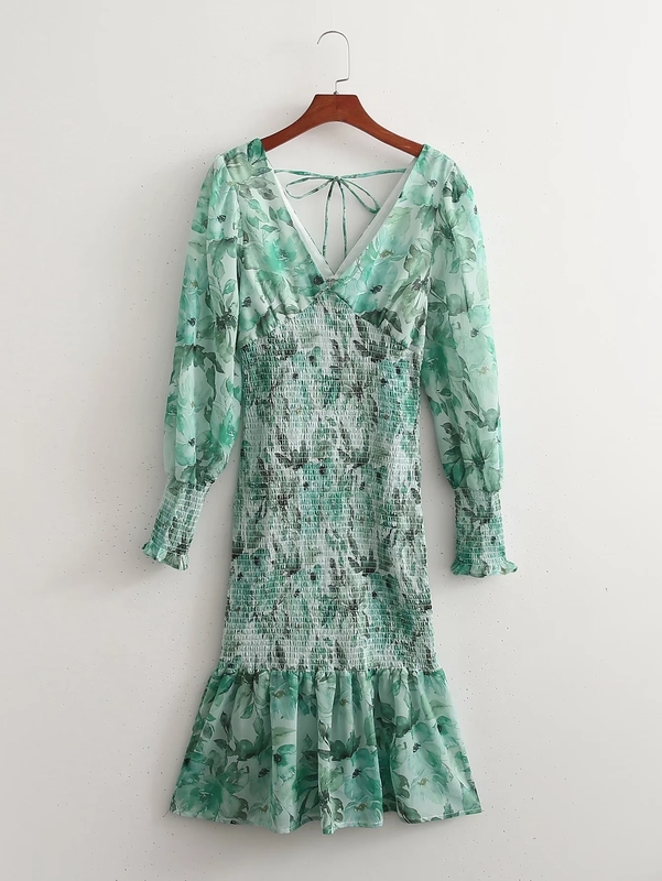 Foridol V Neck Chiffon Bodycon Midi Green Dress Women Long Sleeve Transparent Elegant Ruffles Summer Long Dress Drop 220511