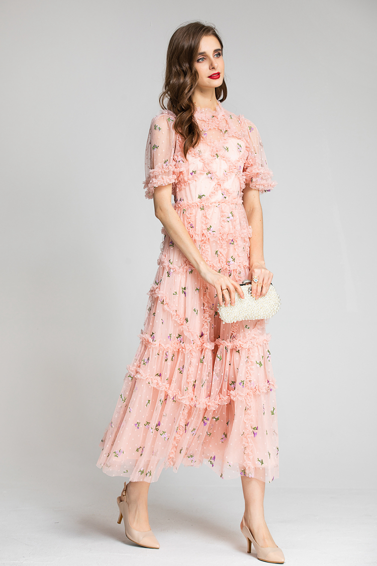 Women's Runway Dresses O Neck Short Sleeves Embroidery Ruffles Printed Elegant Long Party Evening Prom Gown