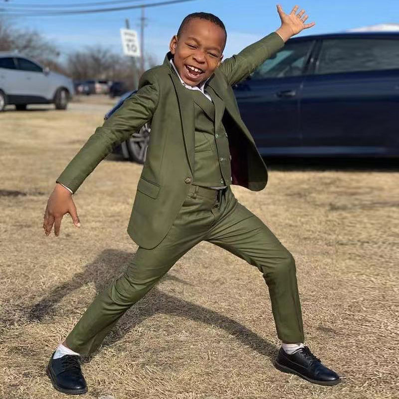 Olive Green 3 Piece Boys Suit Custom Made Slim Fit Kids Formal Wear Fashion Junior Wedding party Child Tuxedo