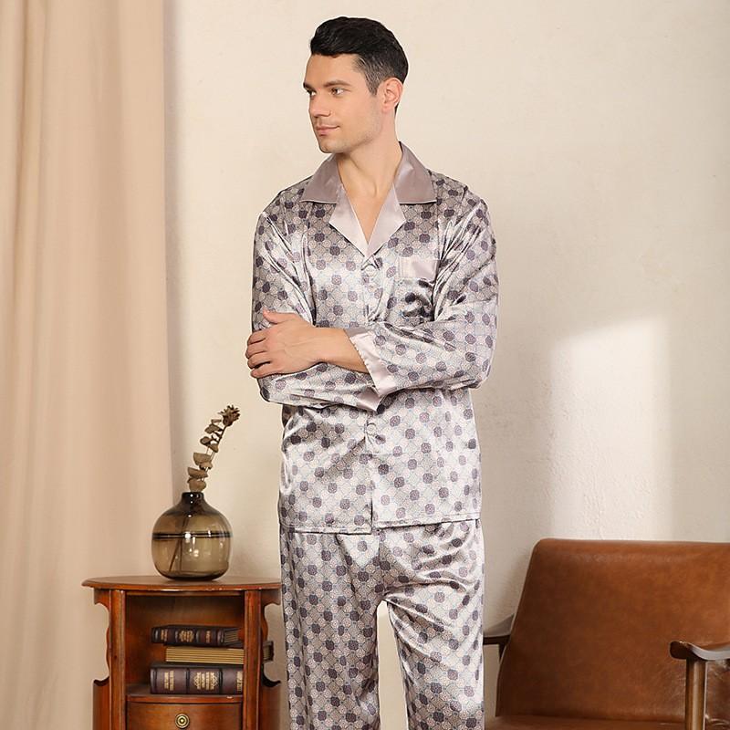 Men's Sleepwear Luxury Silky Satin Pajamas Set Men Printing Spring Autumn Pyjamas Male Fashion Casual Long-sleeved Trousers HomewearMen's