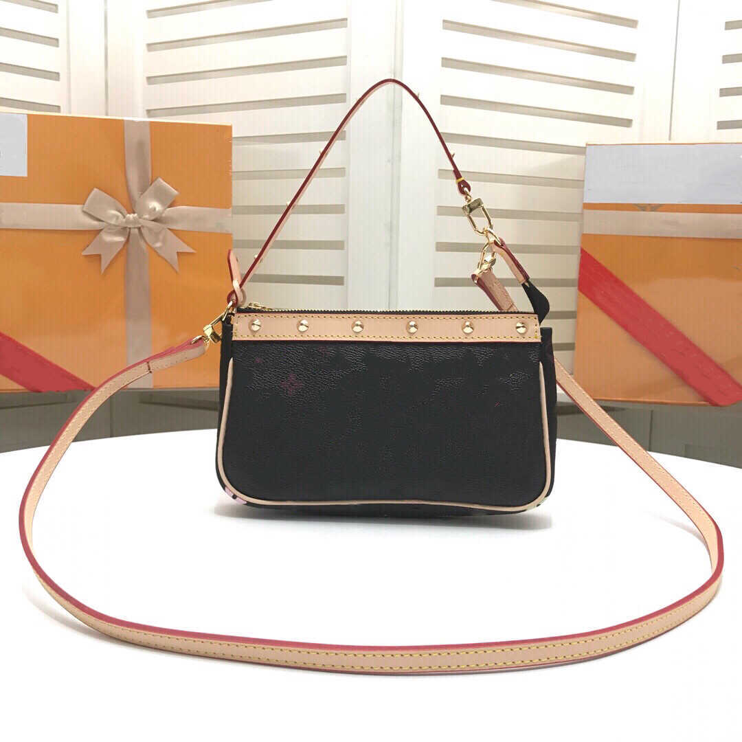VINTAGE Rivert Pochette Accessories Women Mini bags Crossbody Leather Strap White Black Colorful Flowers Printed Coated Canvas Small Shoulder Bag