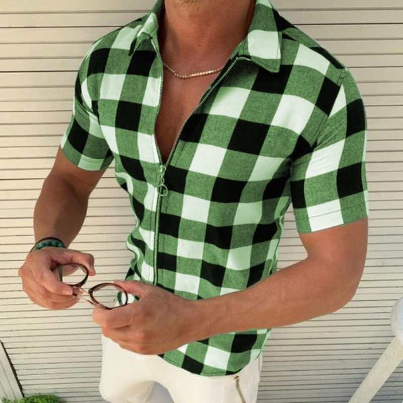 plaid Solid Color Mens Shirts Short Sleeve Casual Polos Hommes Fashion Summer Lapel Male tops 220322