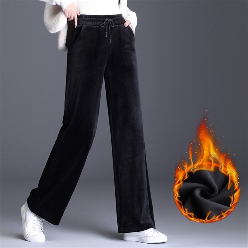 Trouser For Women High Waist Causal Loose Wide Leg Pants Female Winter Warm Thick Double Velvet Korean Fashion Elegant 220325