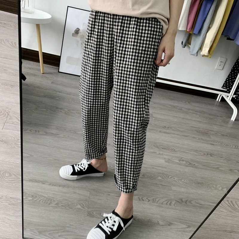 Spring Summer Plaid Pant's Harem s Drawstring Waist Large Size Casual Loose Cotton Linen Trouser 220325
