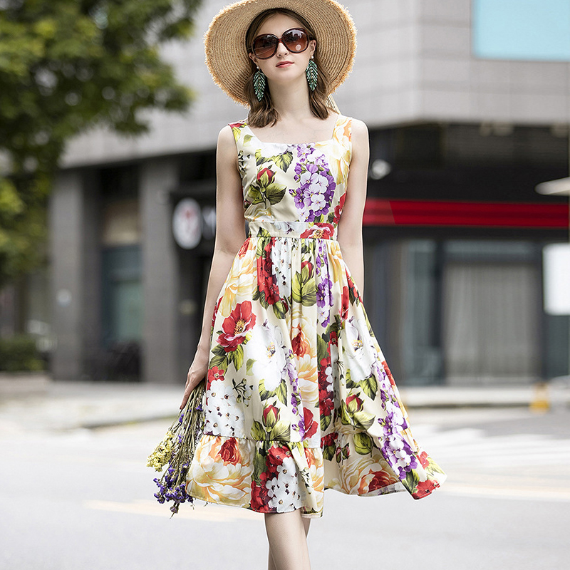 Women's Runway Dresses Spaghetti Straps Floral Printed Ruffles Fashion Summer Holiday Dress Vestidos