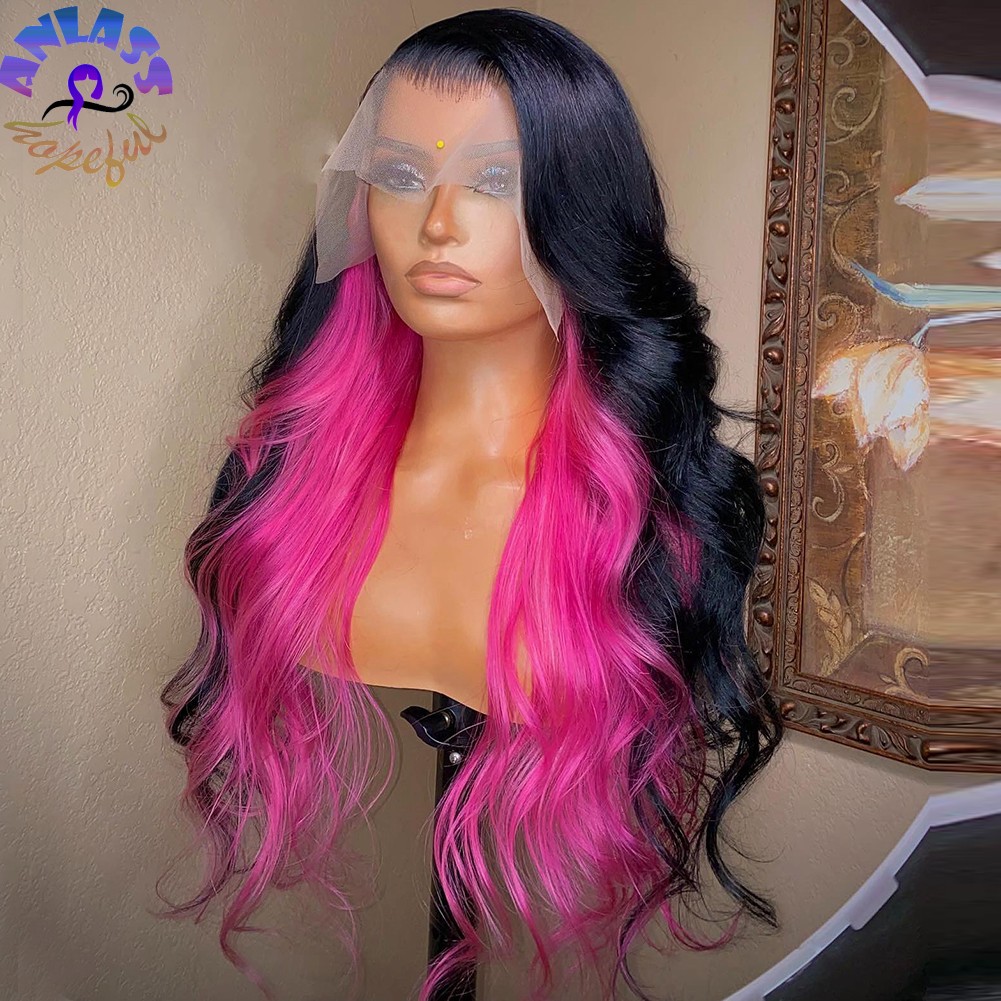 180 Density Pink Highlight With Black Body Wave Wig Brazilian Wigs Pre Plucked 13x4 Lace Frontal Wig Synthetic Hair Transparent Lace