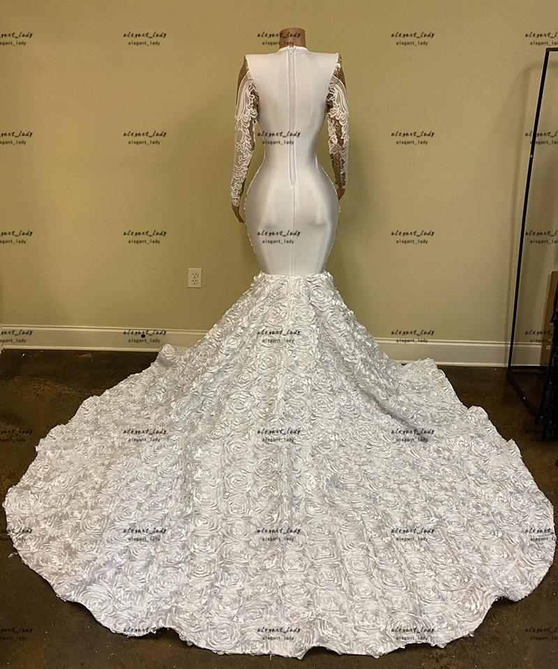 White 3D Rose Flower Train Prom Dresses with Long Sleeve Lace Applique Long Sleeve Mermaid African Arabic Aso Ebi Evening Reception Gown