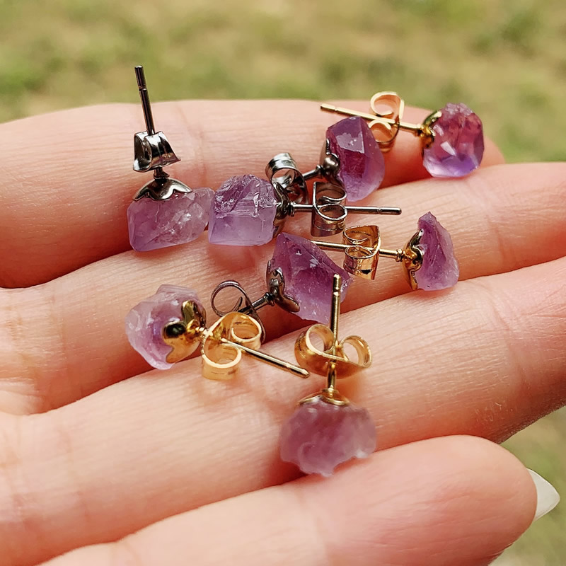 Mini Raw Mineral Purple Crystal Stud Earrings Stainless Steel Ear Studs 6-10mm Small Flower Natural Amethysts Quartz Earrings