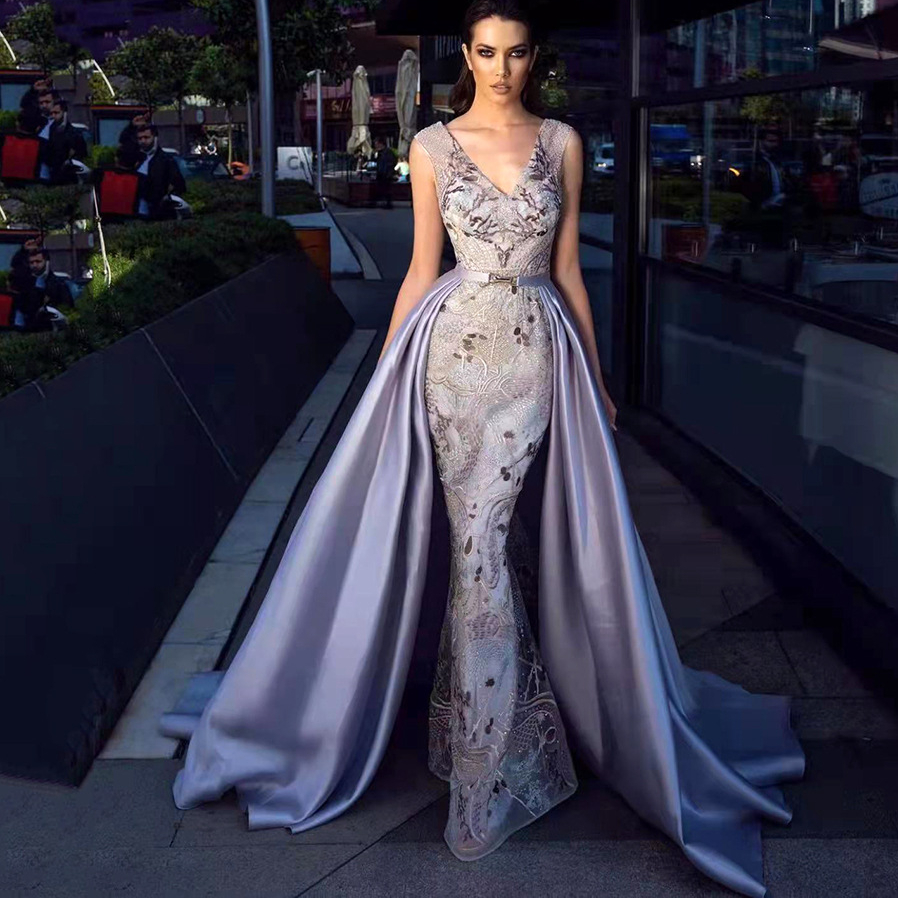 Elegant lace Evening Dresses Sexy High Split A Line Long Vestidos For Women Party Night Celebrity Prom Gowns mermaid even dress