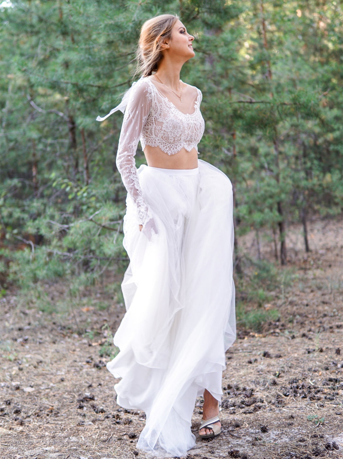 Bohemian A Line Wedding Dress Two Piece Long Sleeve Ivory Lace Tulle Beach Bridal Gowns Sheer Neck Country Boho Bride Dresses 2022 Robe De Mariage