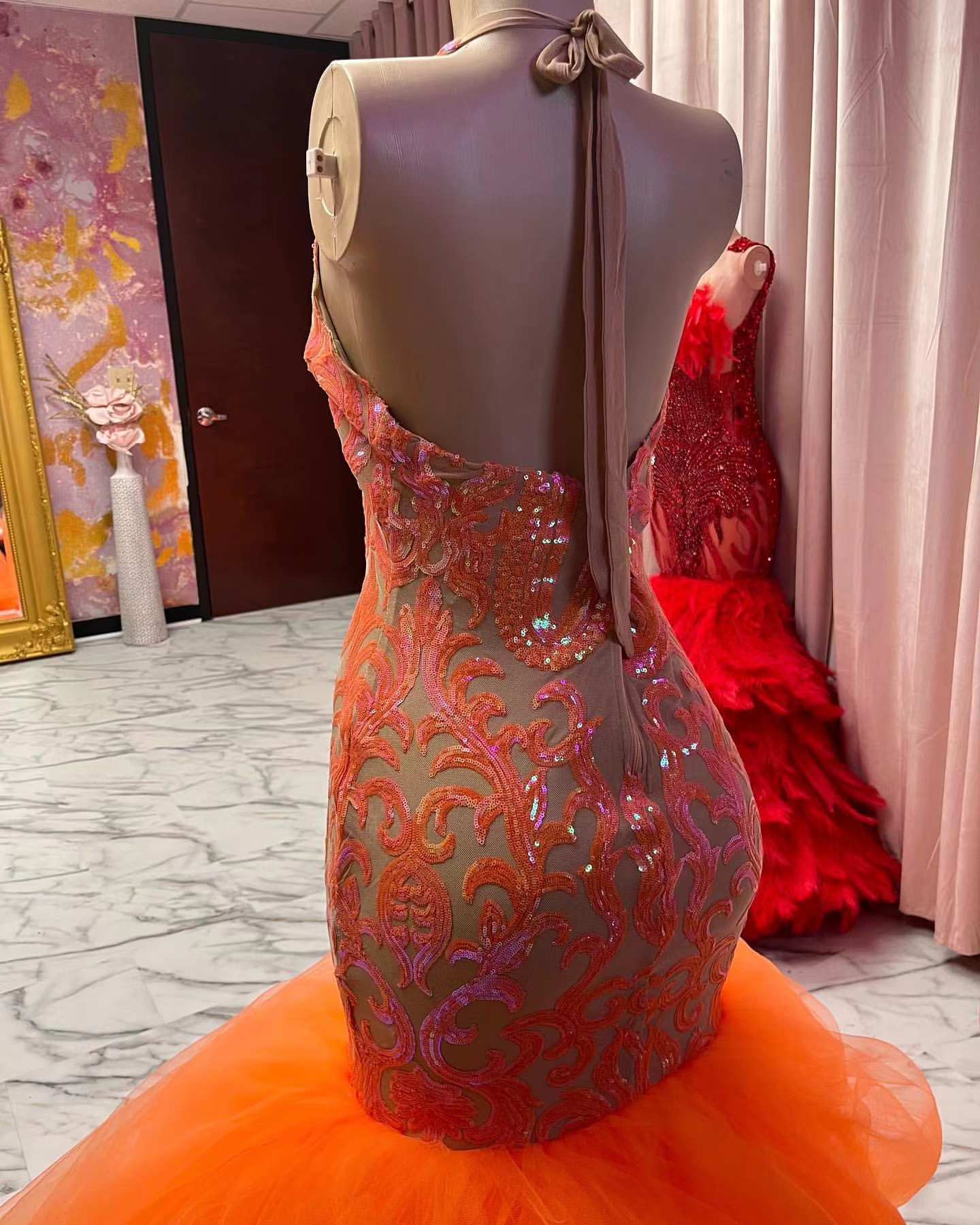 New Sexy Orange Sparkly Mermaid Prom Dresses 2022 African Sequined Deep V-Neck Backless Formal Gowns Long Evening Dress For Black Girl