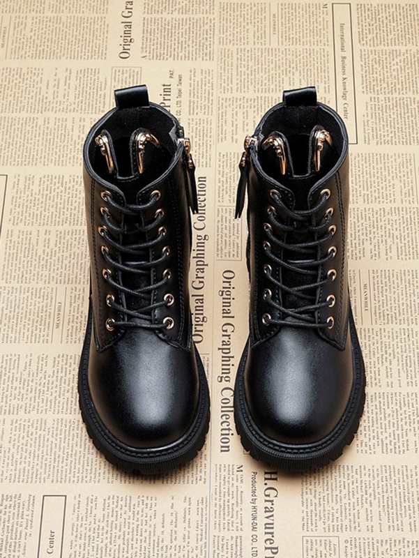 Boys Lace-up Front Side Zipper Combat Boots SHE
