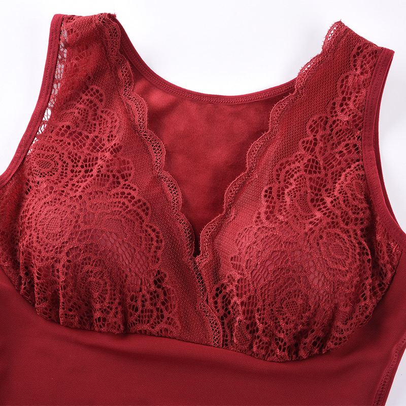 Women Cashmere Tank Tops Plus Size Warm Camisole Sexy Lace V Neck Vest Cami Padded Crop Tshirt Blouse 220325