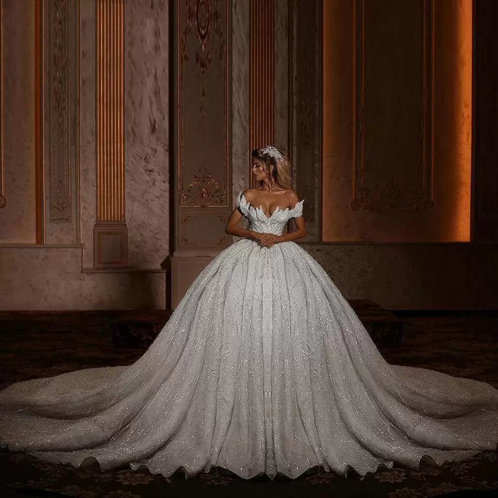 Glitter Off Shoulder Ball Gown Wedding Dresses Sparkly Backless Bridal Gowns With Long Train Vestidos De Novia Robe Mariee 0219