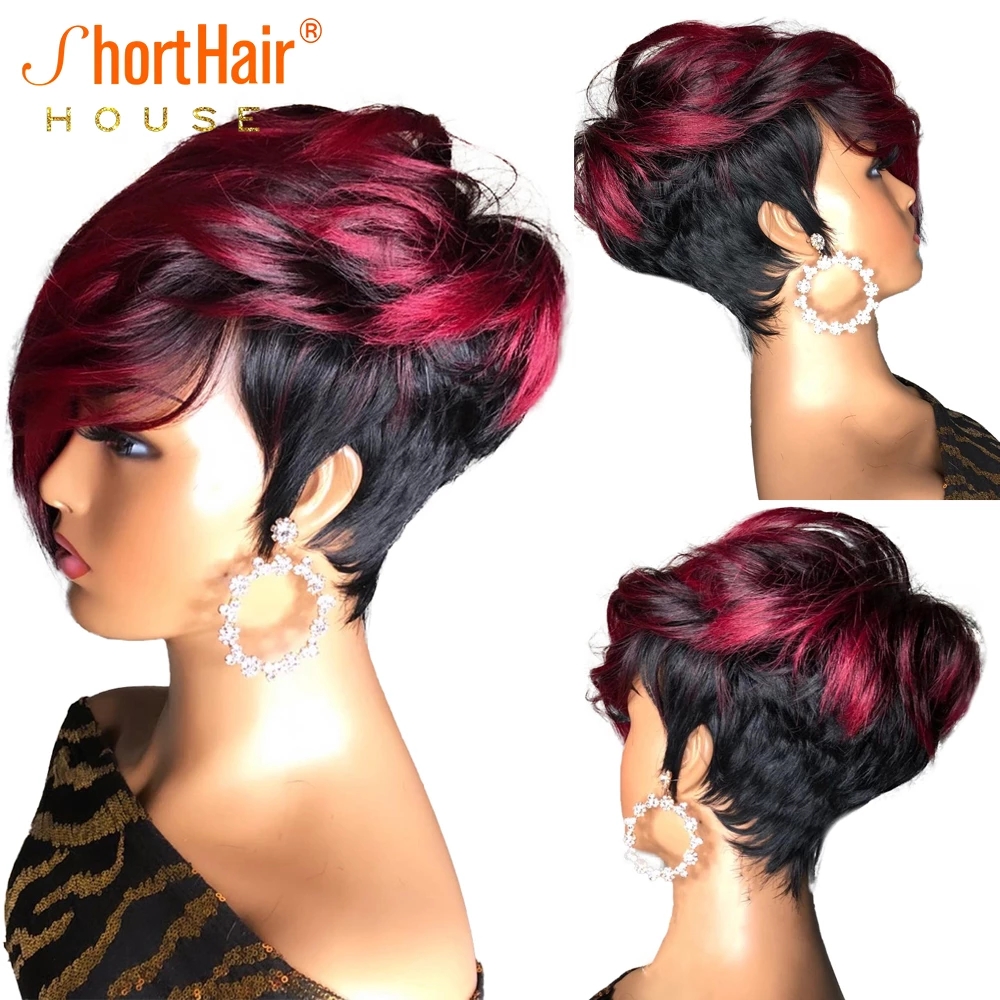 Ombre Red Color Short Bob Pixie Cut Wig Human Hair With Natural Bangs Brazilian Wigs For Women Cosplay Full Machine Made