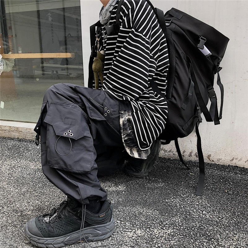 QWEEK Gothic Streetwear Black Cargo Pant Hip Hop Punk Oversize Wide Leg Trousers Female Techwear Korean Style Joggers 220325
