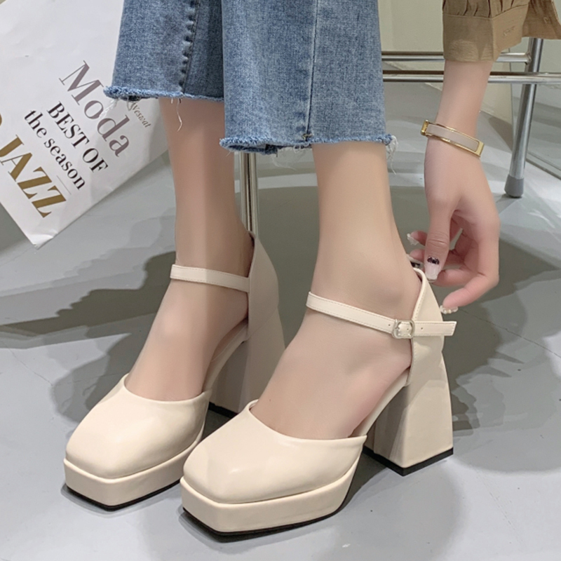 Lucyever Ankle Strap Platform Pumps Women Pu Leather Square Toe Mary Jane Shoes Woman Goth Thick High Heels Ladies 220328