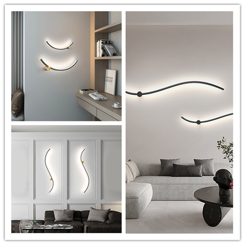 Long wall lamp S-shaped line Nordic minimalist bedroom bedside light staircase living room decoration background wall LED lamps